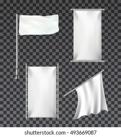 banners, streamers, flags on transparent background. White textile banners and flags advertising with folds vector templates. 
