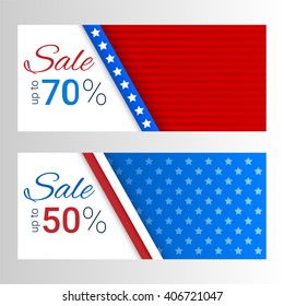 Banners With Stripes And Stars In Colors Of The American Flag. Set Of Modern Vector Horizontal Banners. Sale, Discount Theme.