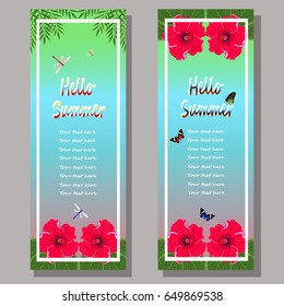 Banners summer exotic motifs.Exotic flowers, colorful butterflies, palm leaves. Vector graphics.