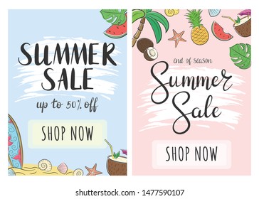 Banners Summer Sale. Flyers with summer objects and lettering.