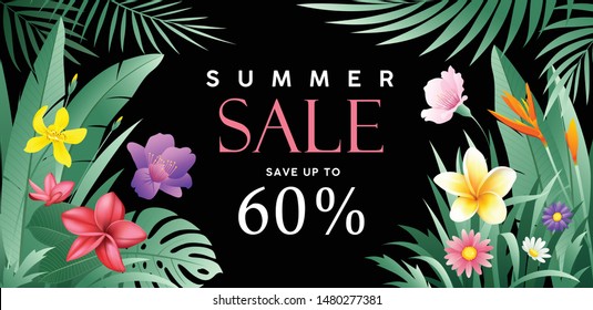 Banners Summer sale tropical vector with green feaf and flower on black background, illustration