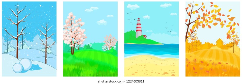 Banners summer, spring, autumn, winter. 12 Months of the Year. Weather year information set. Seasons banners. Landscapes, trees, sea, fields, hils, lighthouse.