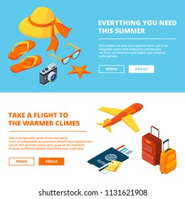 Banners of summer time. Isometric illustrations of summer travelling. Vector travel summer holiday banner, starfish plane and bag, camera and passport with tickets