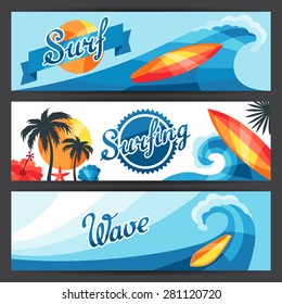 Banners with surfing design elements and objects.