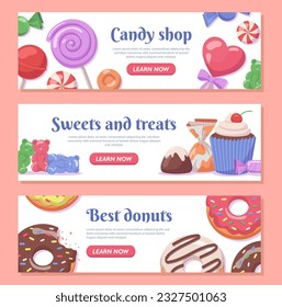 Pancartas con dulces puestos. Caramelo con palo, donut y quequitos, osos de gelatina. Publicidad y marketing. Panadería y caramelos caseros. Colección vectorial plana de dibujos animados aislada en fondo rosa