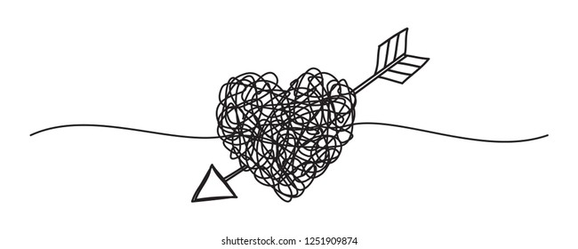 Banners with tangled grungy heart and arrow scribbles hand drawn with thin line, divider shape. Isolated on white background. Vector illustration