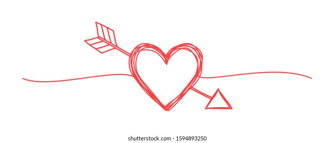 Banners with tangled grungy heart and arrow scribbles hand drawn with thin line, divider shape. Isolated on white background. Vector illustration
