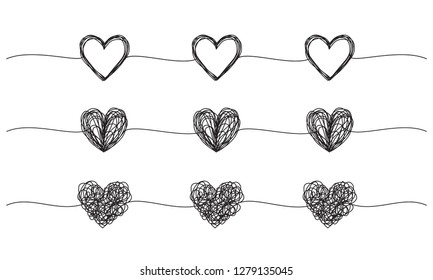Banners with tangled grungy heart scribbles hand drawn with thin line, divider shape. Isolated on white background. Vector illustration