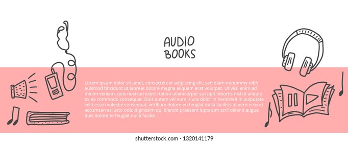 Banners template with audiobooks elements. Set of audio book symbols with lettering. Vector illustration.