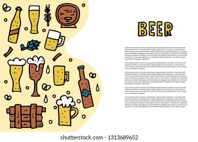 Banners template with  beer elements set in doodle style. Pub symbols and lettering background. Vector illustration.