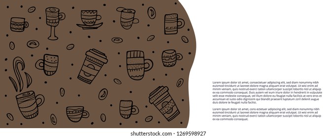 Banners template with coffee mugs. Set of cups with hot beverage in doodle style. Poster template. Vector illustration.