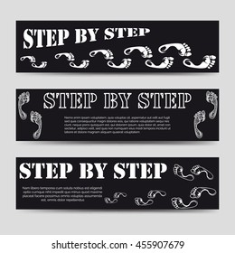 Banners template with footprints and text step by step. Vector illustration