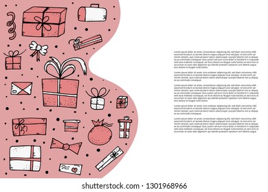 Banners template of gift boxes. Background with collection of holiday presents in doodle style. Vector illustration.