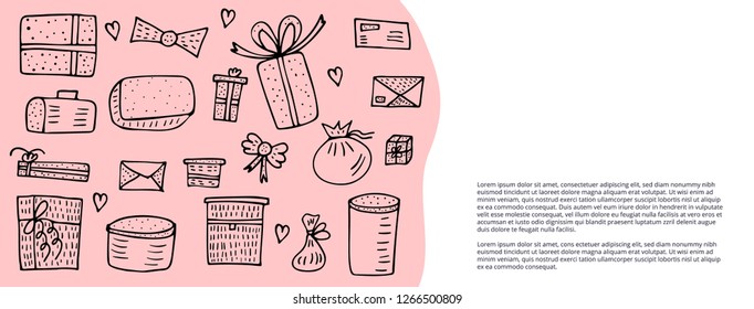 Banners template with  gift boxes. Collection of holiday presents in doodle style. Vector illustration.