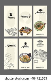 Banners template with hand drawn Japanese food. Vector illustration. Abstract background.