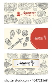 Banners template with hand drawn Japanese food. Vector illustration. Abstract background.