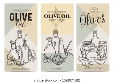 Banners template with hand drawn sketch olives, tree branches, glass bottle, jug , metal dispenser and olive oil for farmers market packaging design. Vector illustration in ink retro style.