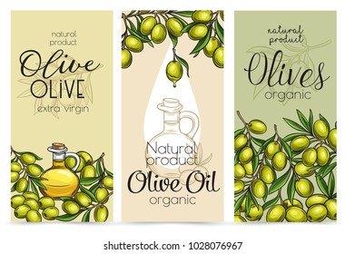 Banners template with hand drawn sketch olives, tree branches, glass bottle, jug , metal dispenser and olive oil for farmers market packaging design. Vector illustration in ink retro style.