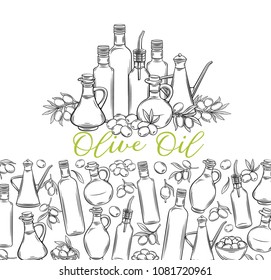 Banners template with hand drawn sketch olives, tree branches, glass bottle, jug , metal dispenser and olive oil for farmers market packaging design. Vector illustration in ink retro style.