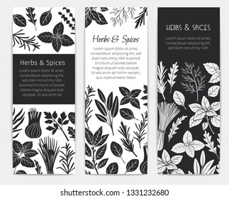 Banners template with herbs and spices silhouettes for farmers market menu design. Vector illustration culinary herbs in ink retro style