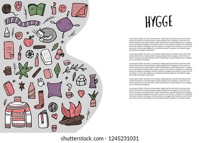 Banners template with hygge things. Vector isolated symbols of comfort in doodle style. Background of warm clothes and cozy elements and empty space for text.
