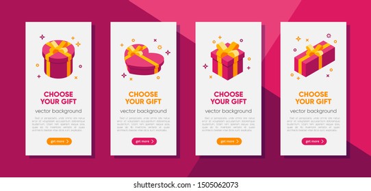 Banners template with isometric gift boxes on white background, vector illustration. Bright, colorful present and gift boxes with ribbon bows, confetti particles. 