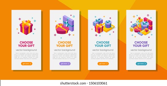 Banners template with isometric gift boxes on white background, vector illustration. Bright, colorful present and gift boxes with ribbon bows, confetti particles. 