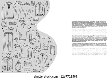 Banners template with men apparel and accessories set in doodle style. Collection of male clothes, shoes isolated on white background.  Vector illustration. 