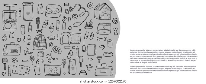 Banners template  with pet shop elements. Set of vector domestics animal care symbols in doodle style. 