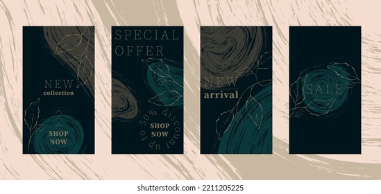 Banners template for shop. Dark green elegant design. Discount, sale, new arrival, new collection. Editable vector banners template. Mockup for personal blog or shop.