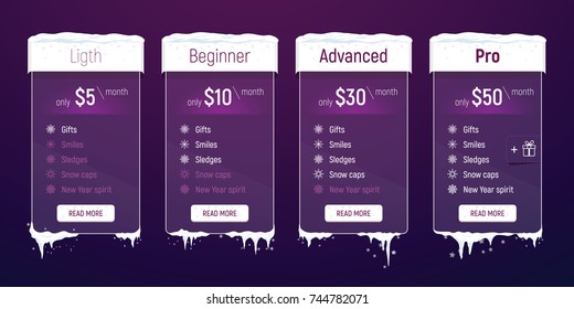 Banners template for the tariffs and price lists in winter style. New year decoration set for website of snow caps, snowflakes and icicles for your web pages. Vector illustration