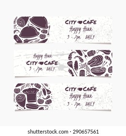 Banners templates set with hand drawn food. Round doodle emblem. Collection for cafe design. Vector illustration