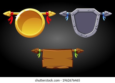Banners templates, wooden gold metal shields for games.