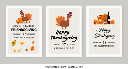banners for Thanksgiving, with an illustration of a turkey and a festive pumpkin meal with wine