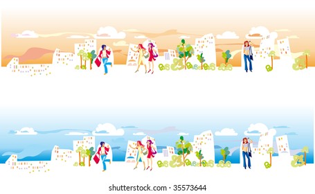 banners with town scene