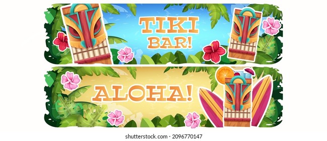 Banners with traditional wooden tribal mask, tropical hawaii exotic plants and flowers. Invitation posters for hawaiian aloha party with tiki bar on white background. Cartoon vector illustration.