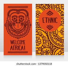 banners for travel to Africa with ethnic style ornaments and monkey head, vector illustration