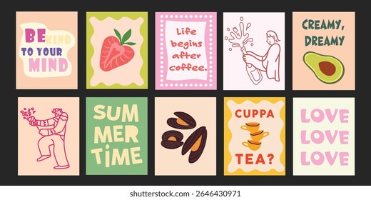 Banners with a tropical twist — strawberries, smiles, and icy cocktails.

