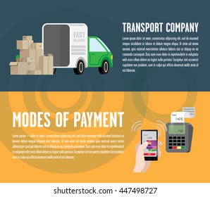 Banners with truck and boxes. Illustrates moving, changing apartments, fast delivery of goods, payment options for purchases.