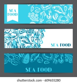 Banners with various seafood. Illustration of fish, shellfish and crustaceans.