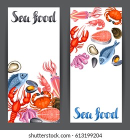 Banners with various seafood. Illustration of fish, shellfish and crustaceans.