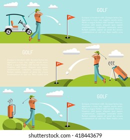 Banners vector image of sports equipment for Golf, such as Golf bag, putter, golfer, ball, hole, Golf course. The golfer will hit the ball towards the hole.