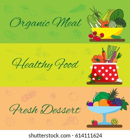 Banners with vegetables, fruits icons for vegetarian restaurant, home cooking menu, organic recipes