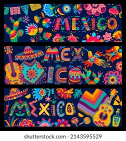 Banners with vibrant colors mexican flowers, papel picado flags, sombrero, guitar and poncho, birds and food.