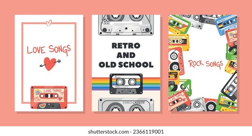 Banners with Vintage Audio Cassette Tapes, Vibrant Backgrounds, Nostalgic Music And Recording Concept