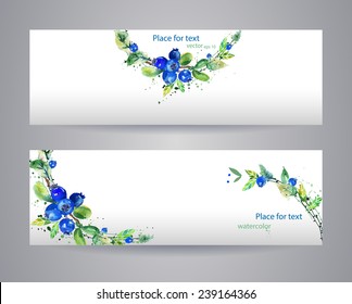 Banners with watercolor  leaves and blueberry. Watercolor background. Hand drawn, Colorful header.