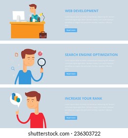 Banners for web: web development, search engine optimization, increase your rank. Flat style, vector illustration with characters 
