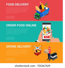 Banners for web site online food order, food delivery and drone delivery. Online shopping concept. Isometric vector illustration