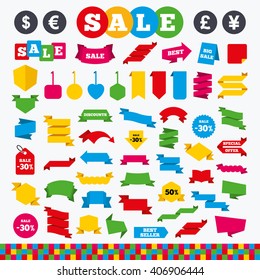 Banners, web stickers and labels. Dollar, Euro, Pound and Yen currency icons. USD, EUR, GBP and JPY money sign symbols. Price tags set.