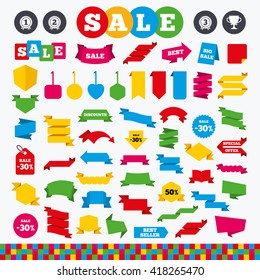 Banners, web stickers and labels. First, second and third place icons. Award medals sign symbols. Prize cup for winner. Price tags set.